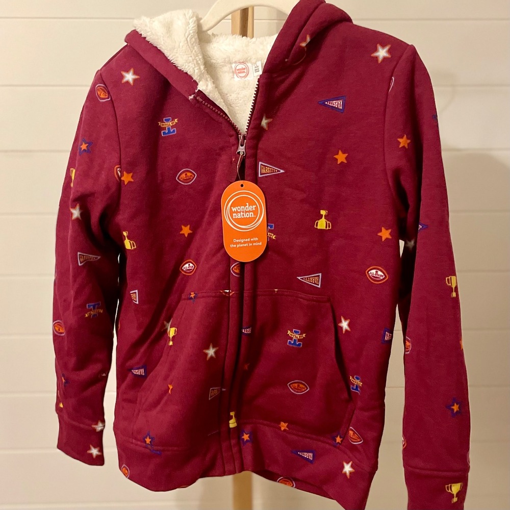 Wonder Nation Boys Athletic Print Sherpa Lined Zip Up Hoodie Jacket Kids Size L‎